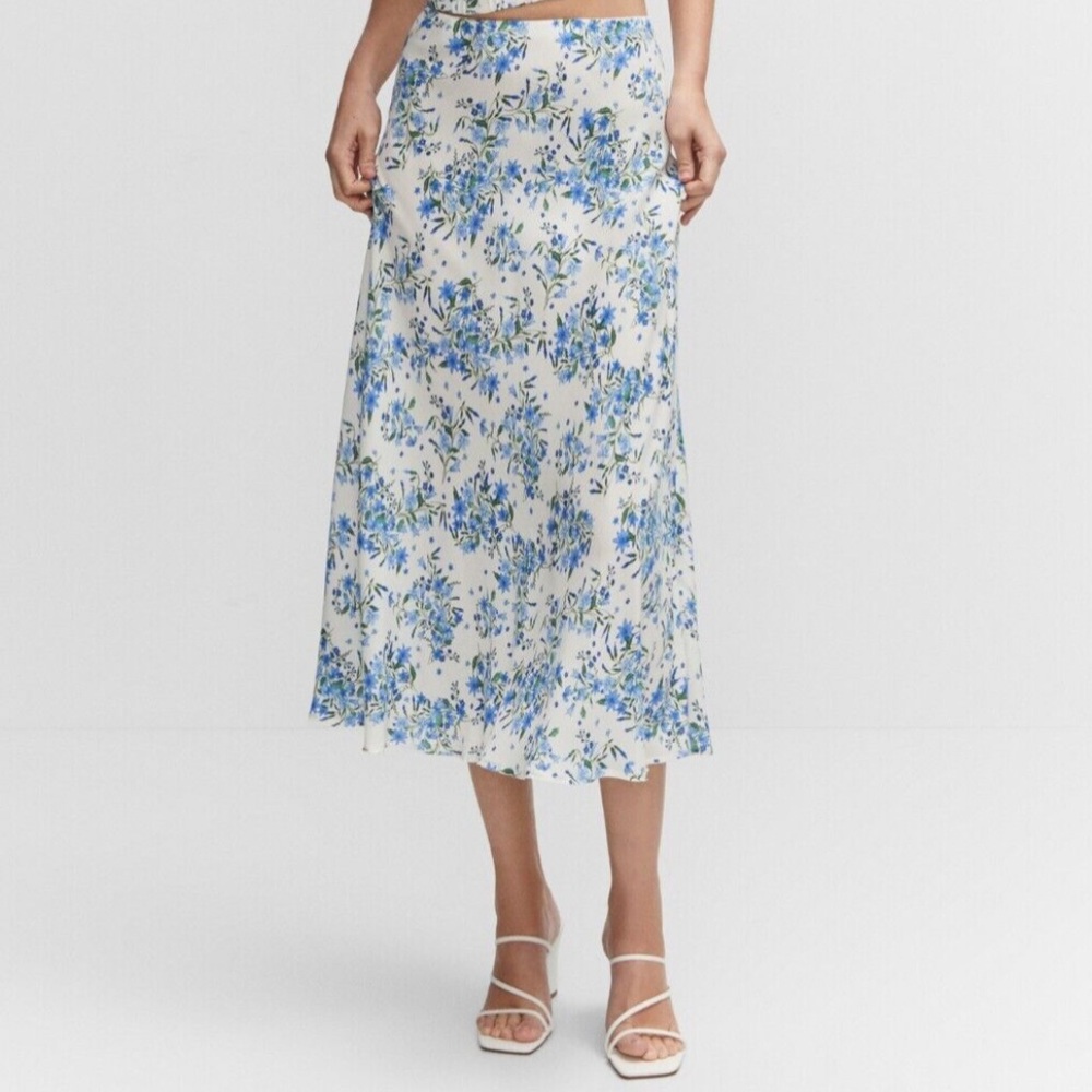 Mango Blue and White floral Midi Skirt